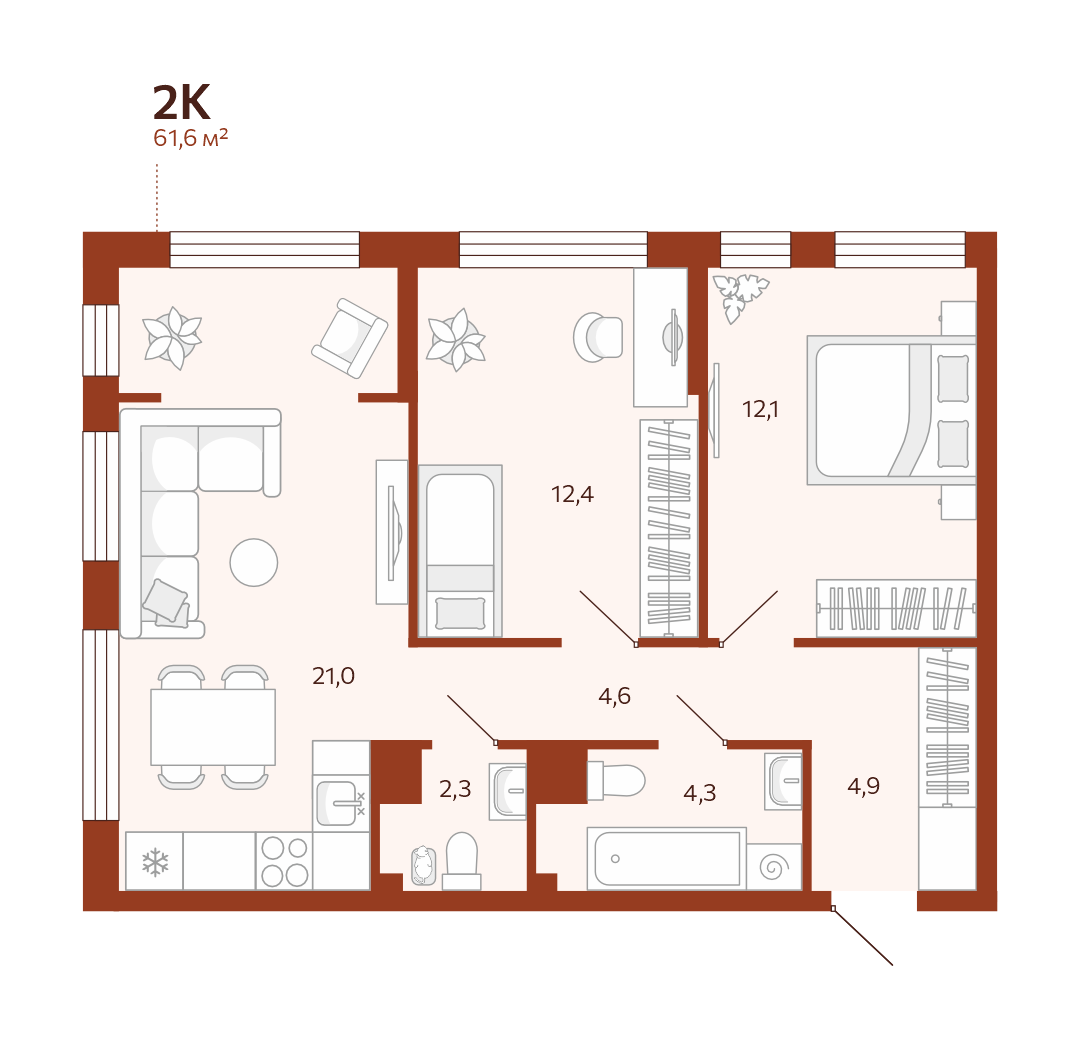 Планировка: Евротрешка 61.6 м² в ЖК Новатор, Центр: КПД