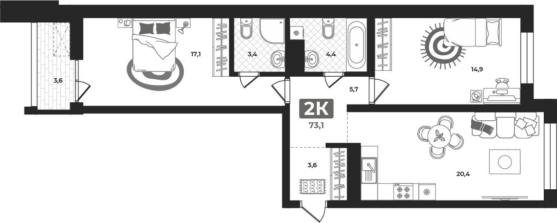 Планировка: Евротрешка 73.2 м² в ЖК Маэстро, 5-й Заречный