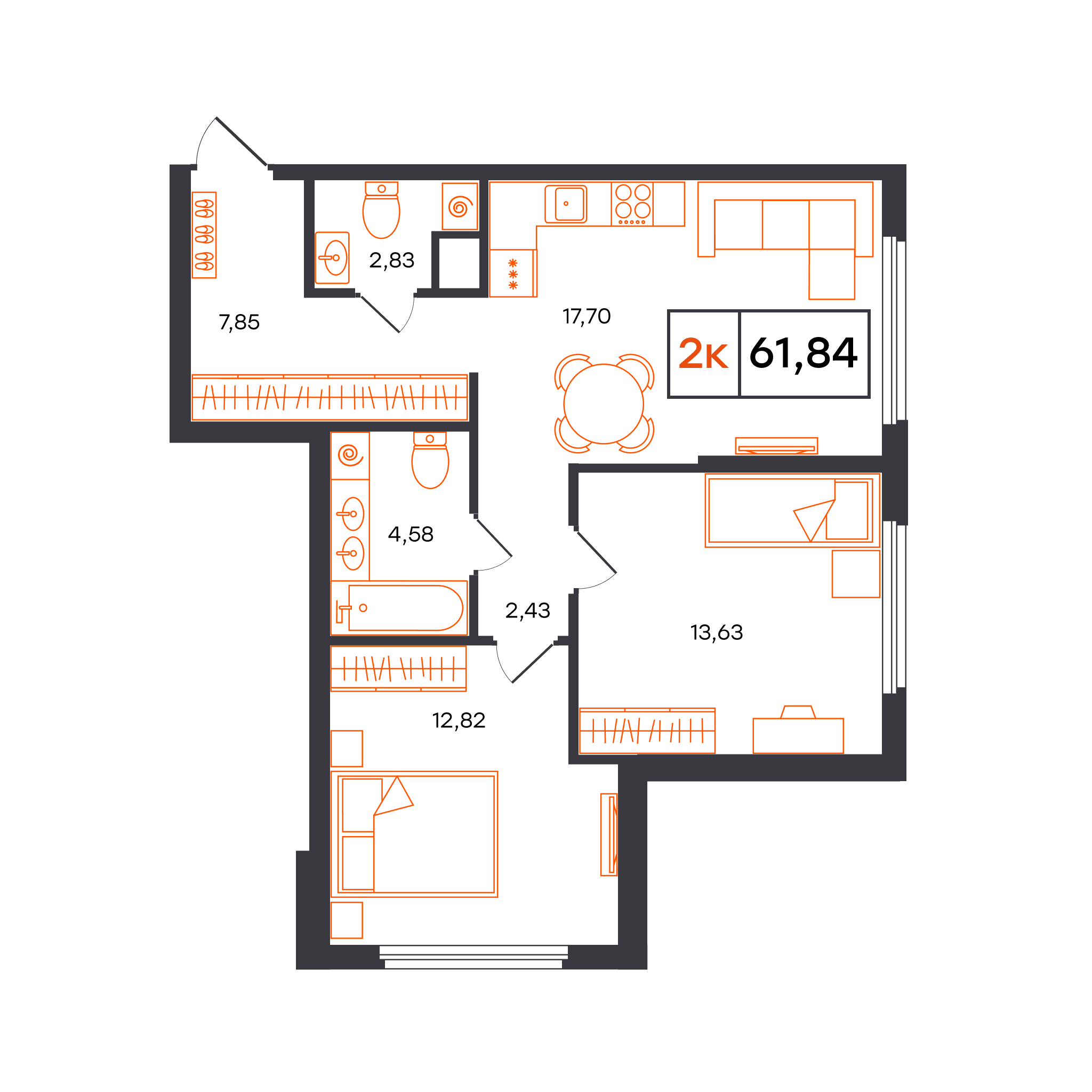 Планировка: Евротрешка 61.8 м² в ЖК Отличие, Комарово Парк