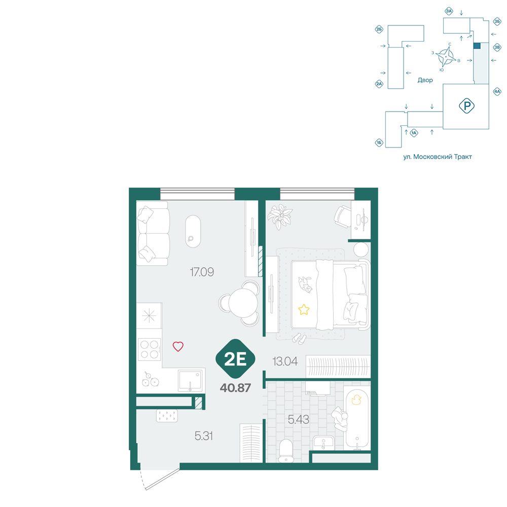 Планировка: Евродвушка 40.9 м² в ЖК Сибирский, Московский тракт