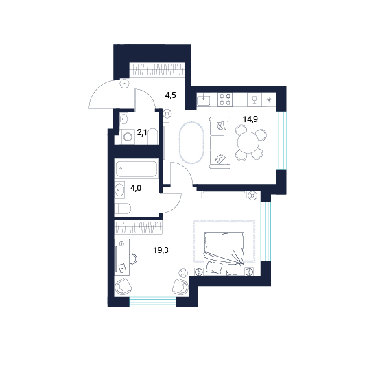 Планировка: Евродвушка 44.8 м² в ЖК AIRIS, Комарово Парк