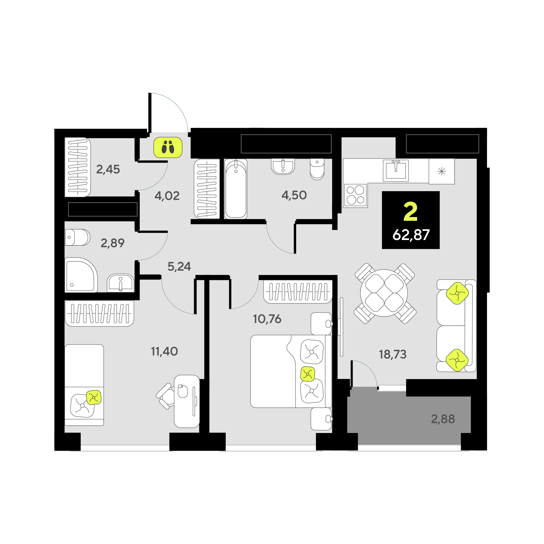 Планировка: Евротрешка 62.9 м² в ЖК Мотивы, От Плеханова до Южного
