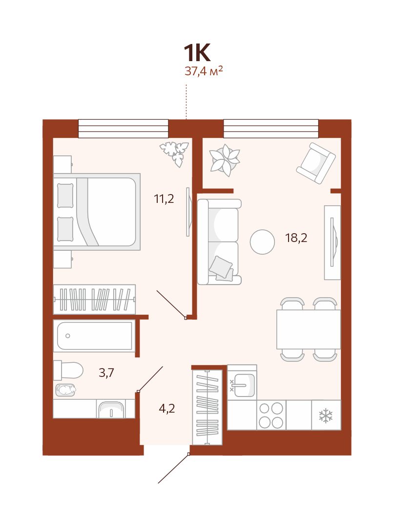 Планировка: Евродвушка 37.4 м² в ЖК Новатор, Центр: КПД