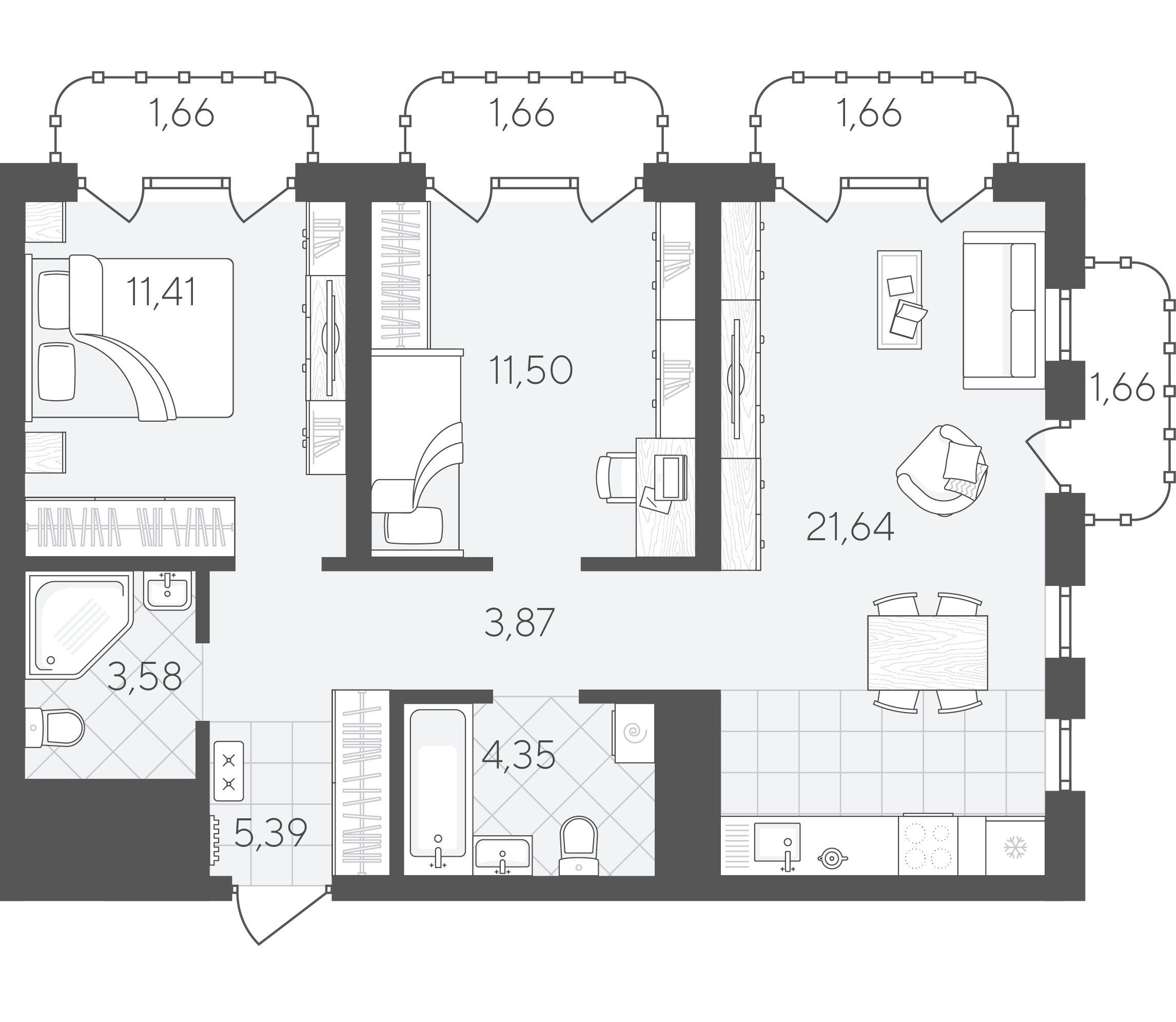 Планировка: Евротрешка 68.4 м² в ЖК Скандиа. Квартал в Слободе, Тюменская слобода