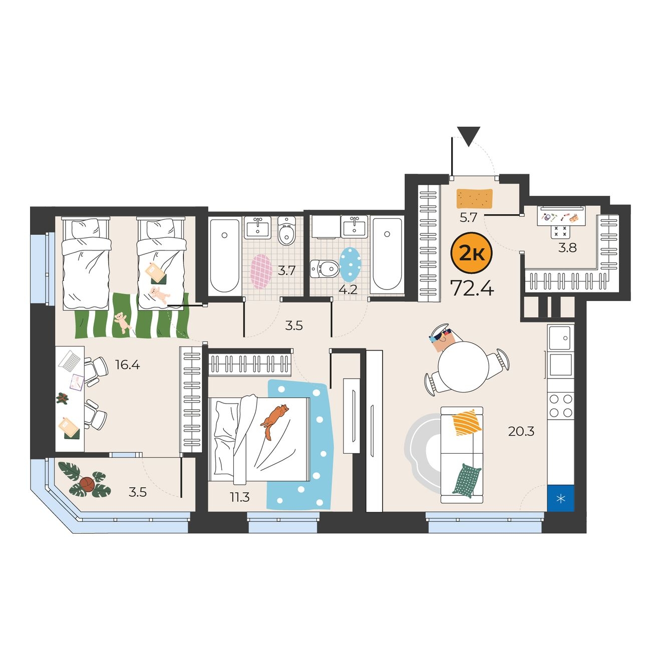 Планировка: Евротрешка 72.4 м² в ЖК Корней, Южный