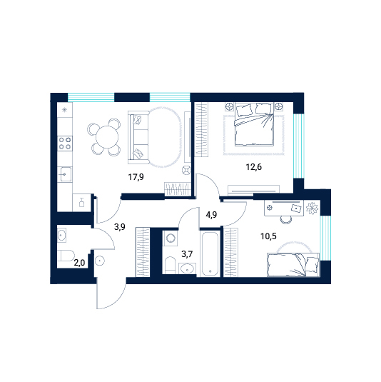 Планировка: Евротрешка 55.5 м² в ЖК AIRIS, Комарово Парк
