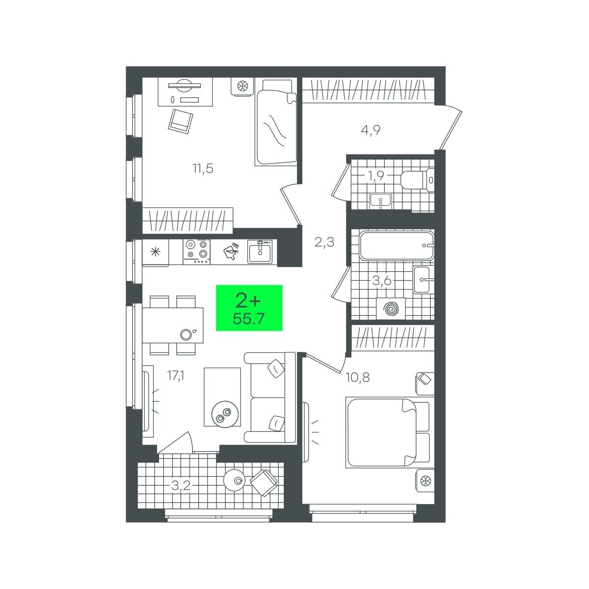 Планировка: Евротрешка 55.7 м² в ЖК Сезоны, От Слободы до Комарово парк