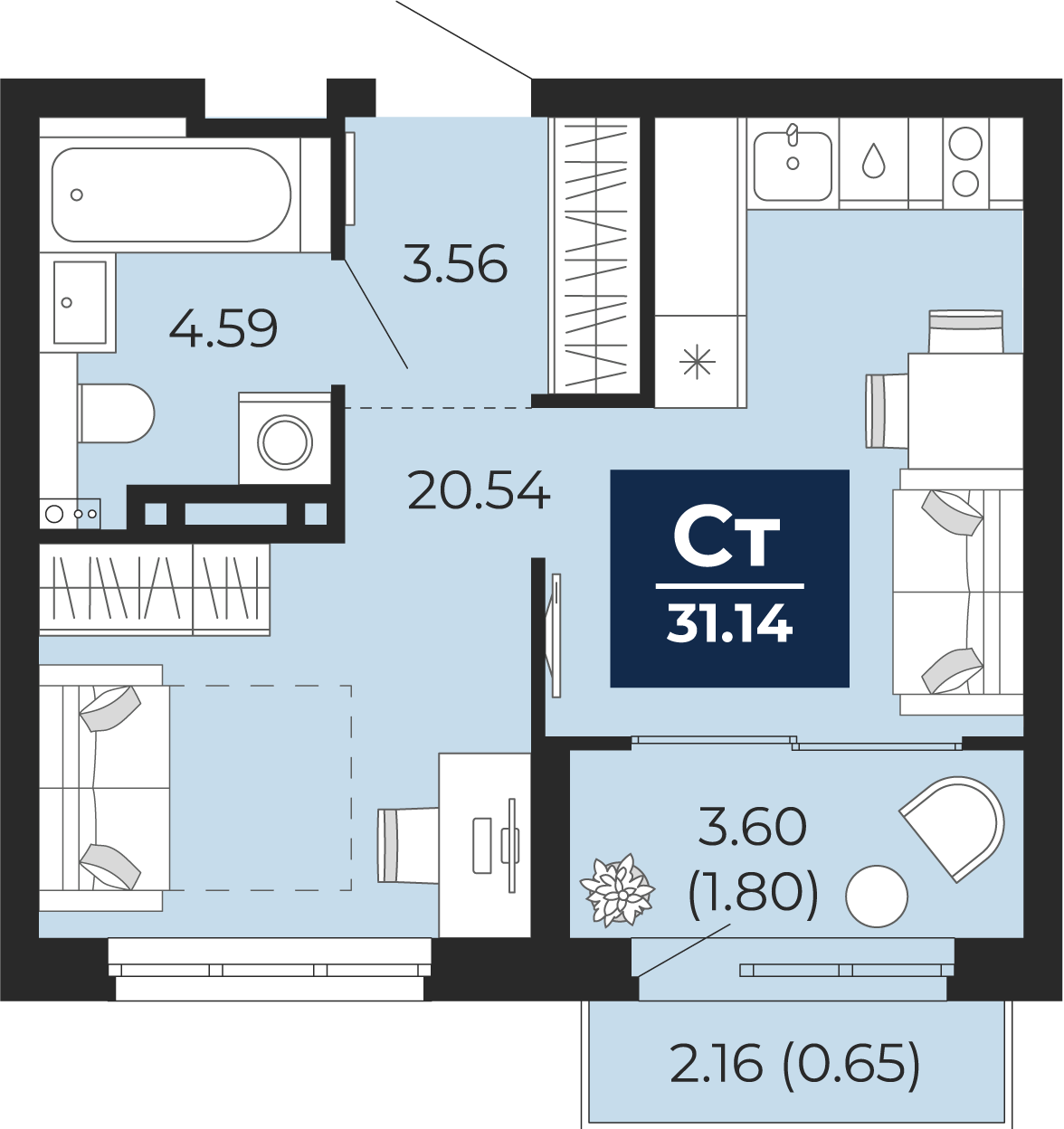Планировка: Студия 28.7 м² в ЖК Беринг, Лесобаза