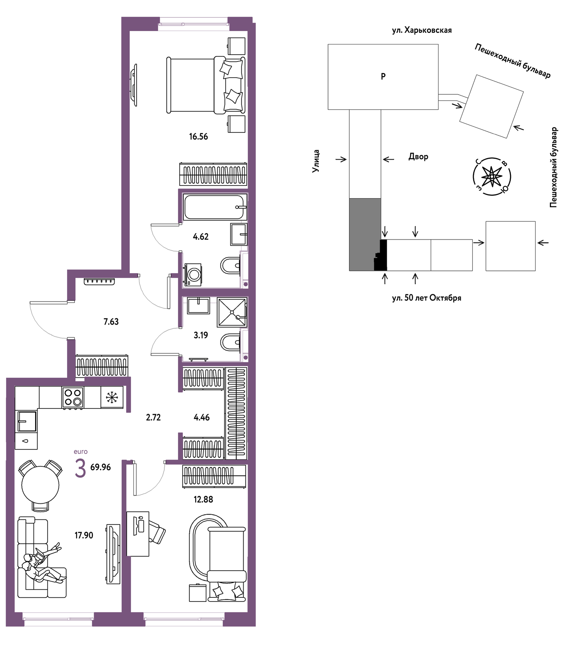 Планировка: Евротрешка 70 м² в ЖК Сердце Сибири, Центр: КПД