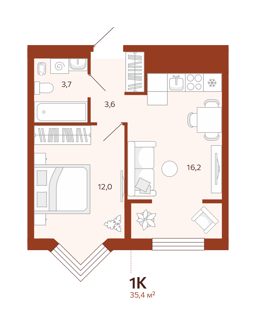 Планировка: Евродвушка 35.4 м² в ЖК Новатор, Центр: КПД