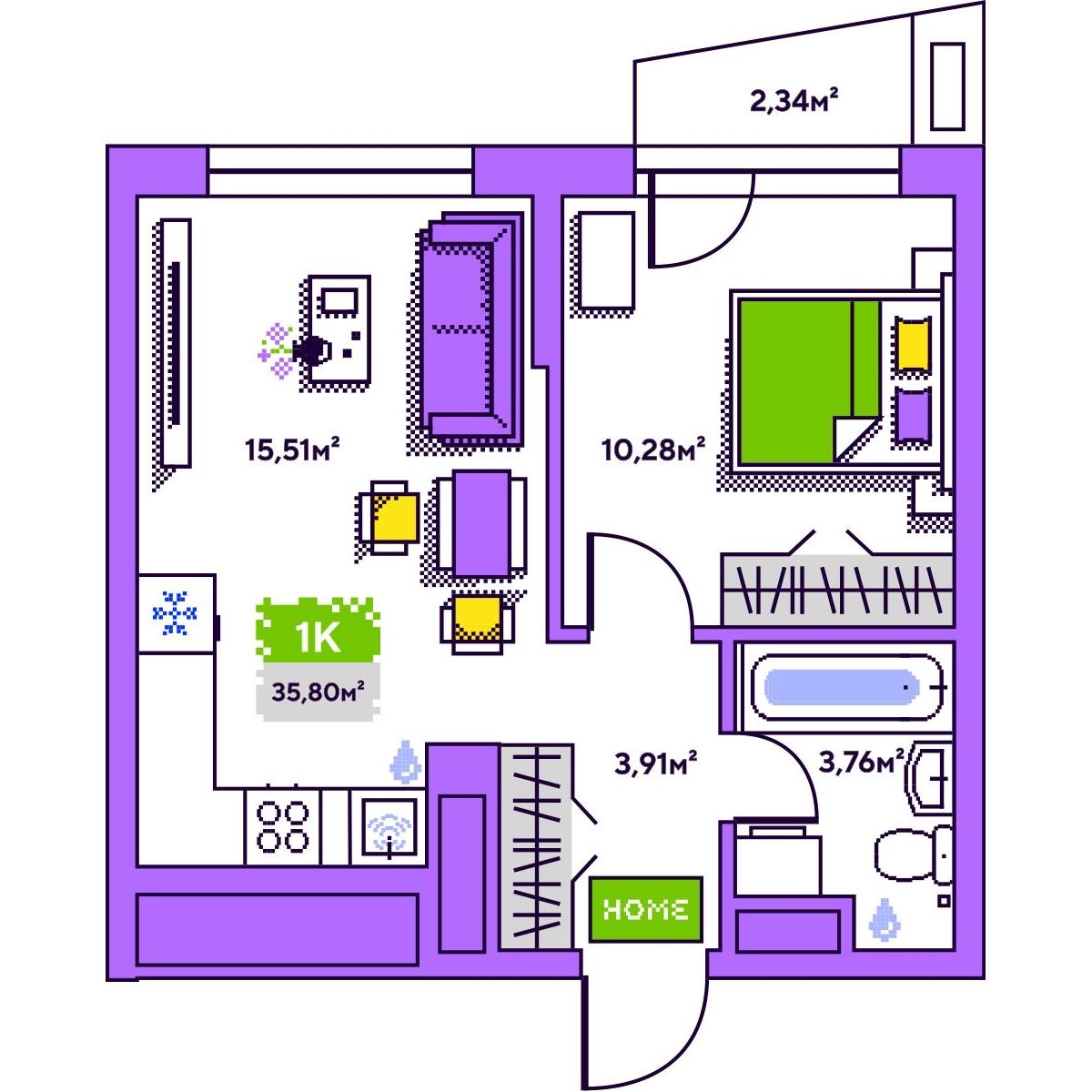 Планировка: Евродвушка 35.8 м² в ЖК Плэй, Дом Обороны