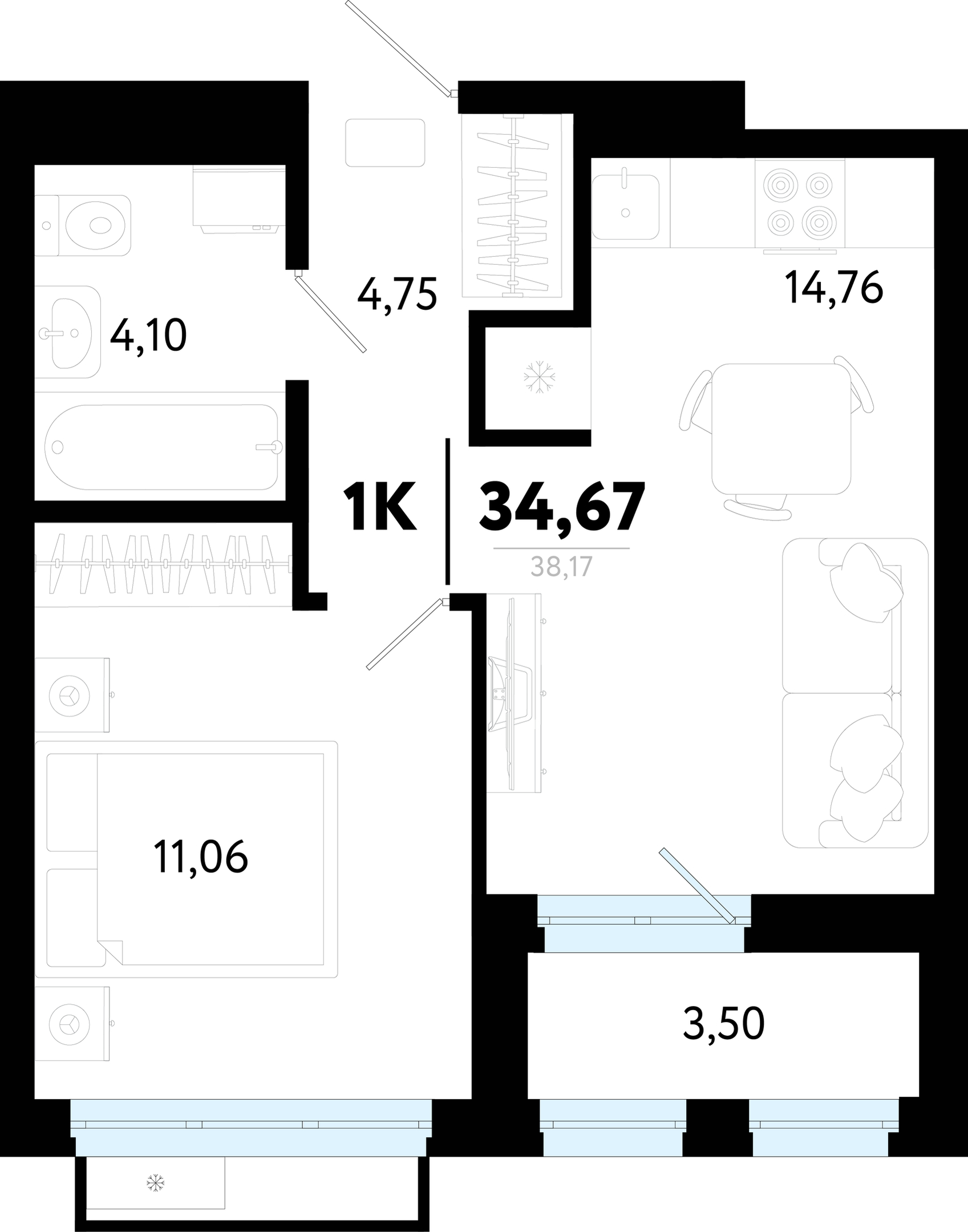 Планировка: Евродвушка 34.7 м² в ЖК Символ, Комарово Парк