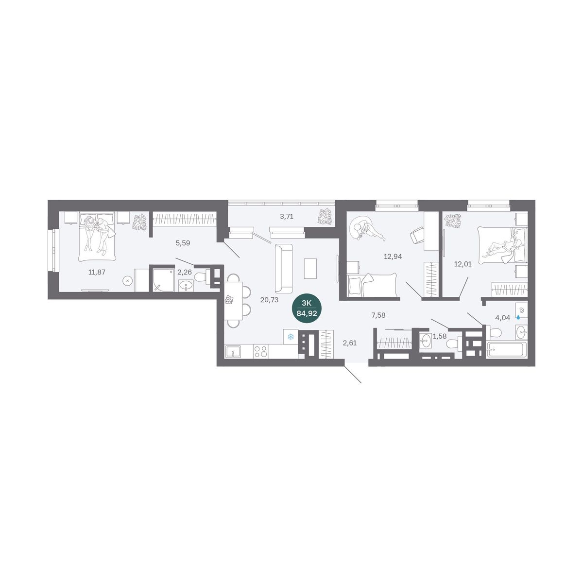 Планировка: 4-комнатная евро 84.9 м² в ЖК Румянский, Центр: Студгородок