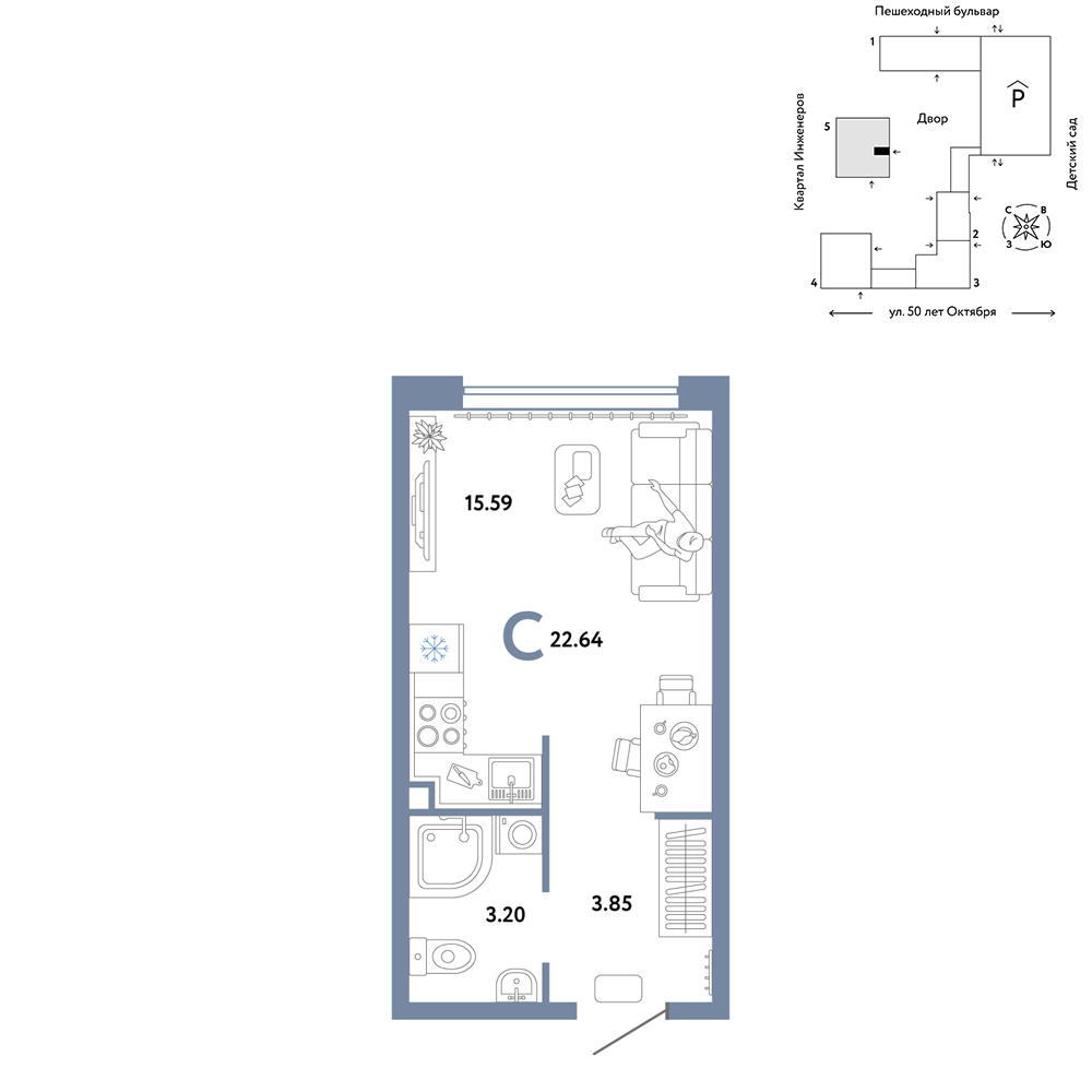 Планировка: Студия 22.7 м² в ЖК Сердце Сибири, Центр: КПД
