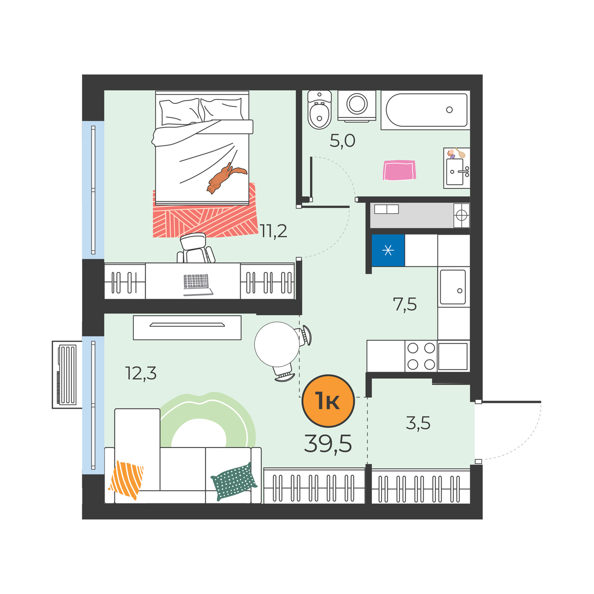 Планировка: Евродвушка 39.5 м² в ЖК Корней, Южный