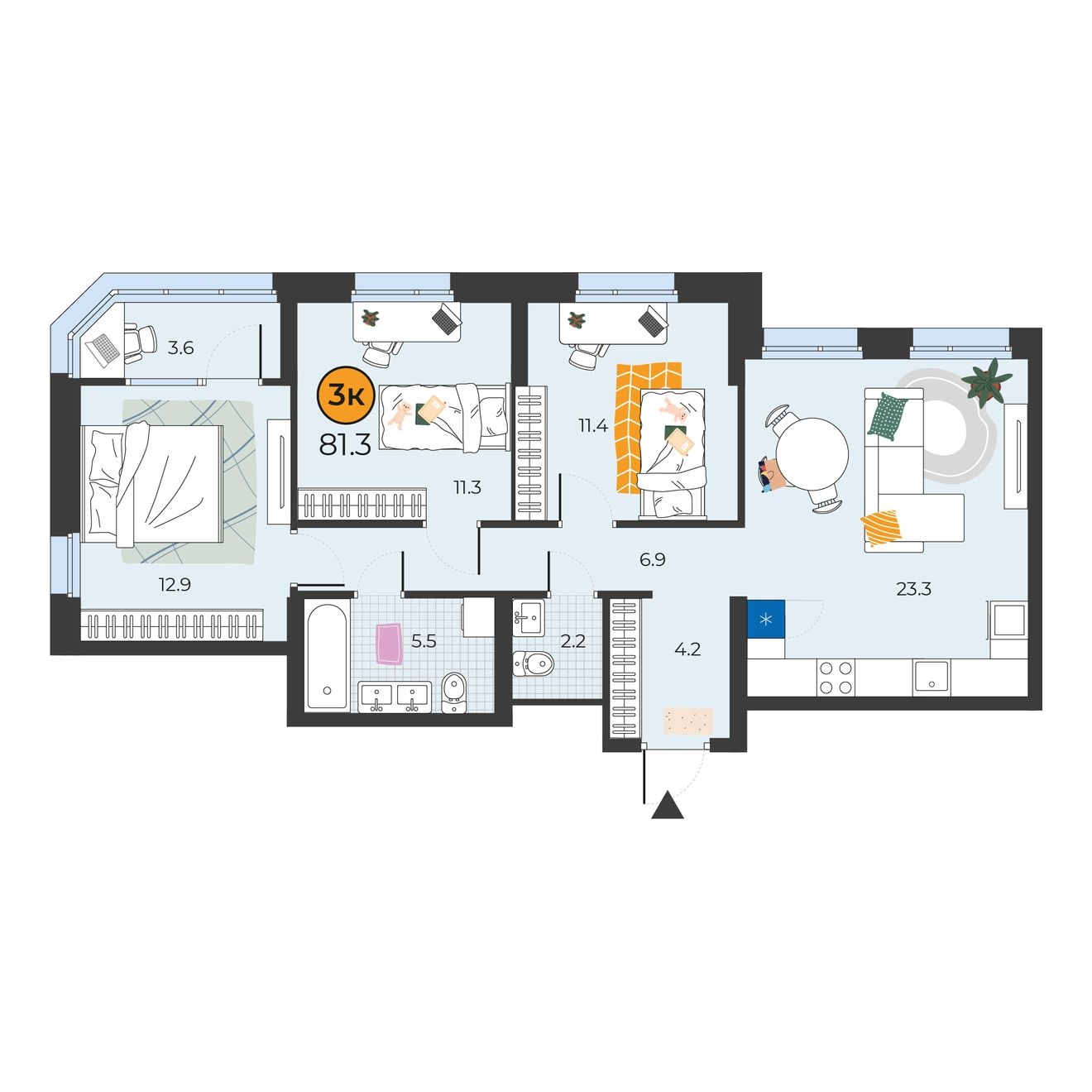 Планировка: 4-комнатная евро 81.3 м² в ЖК Корней, Южный