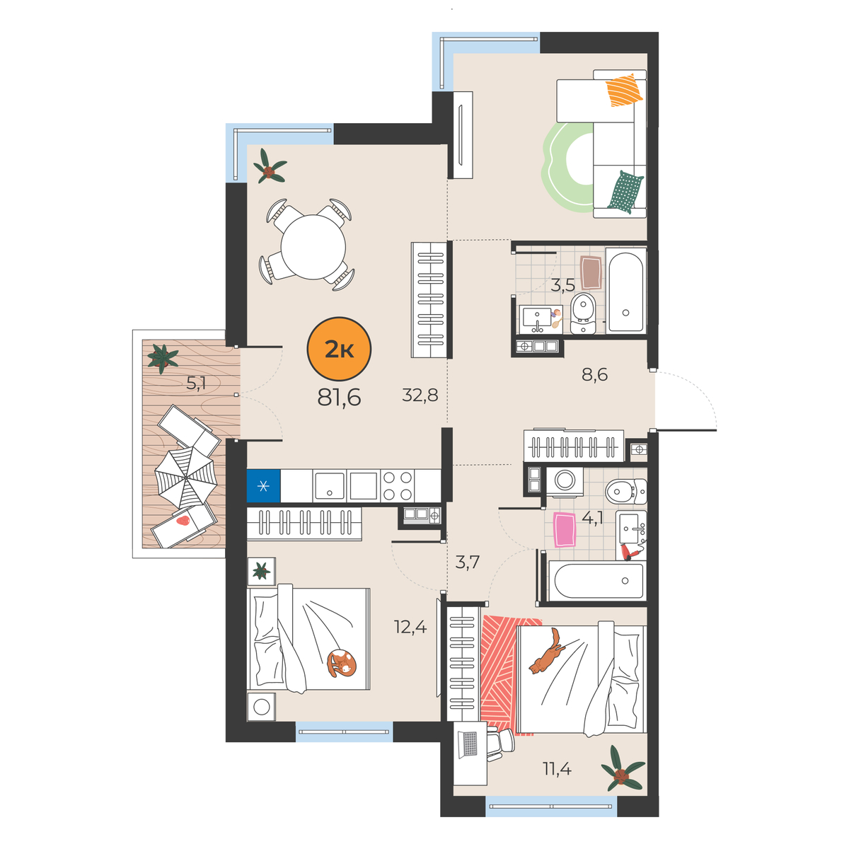 Планировка: 4-комнатная евро 76.5 м² в ЖК Корней, Южный