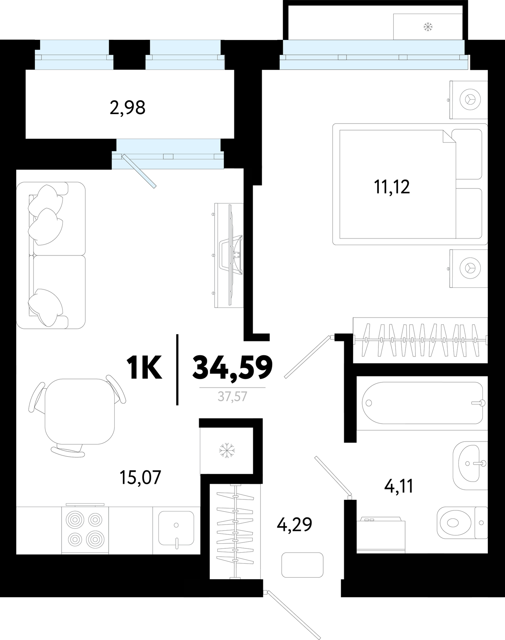 Планировка: Евродвушка 34.6 м² в ЖК Символ, Комарово Парк