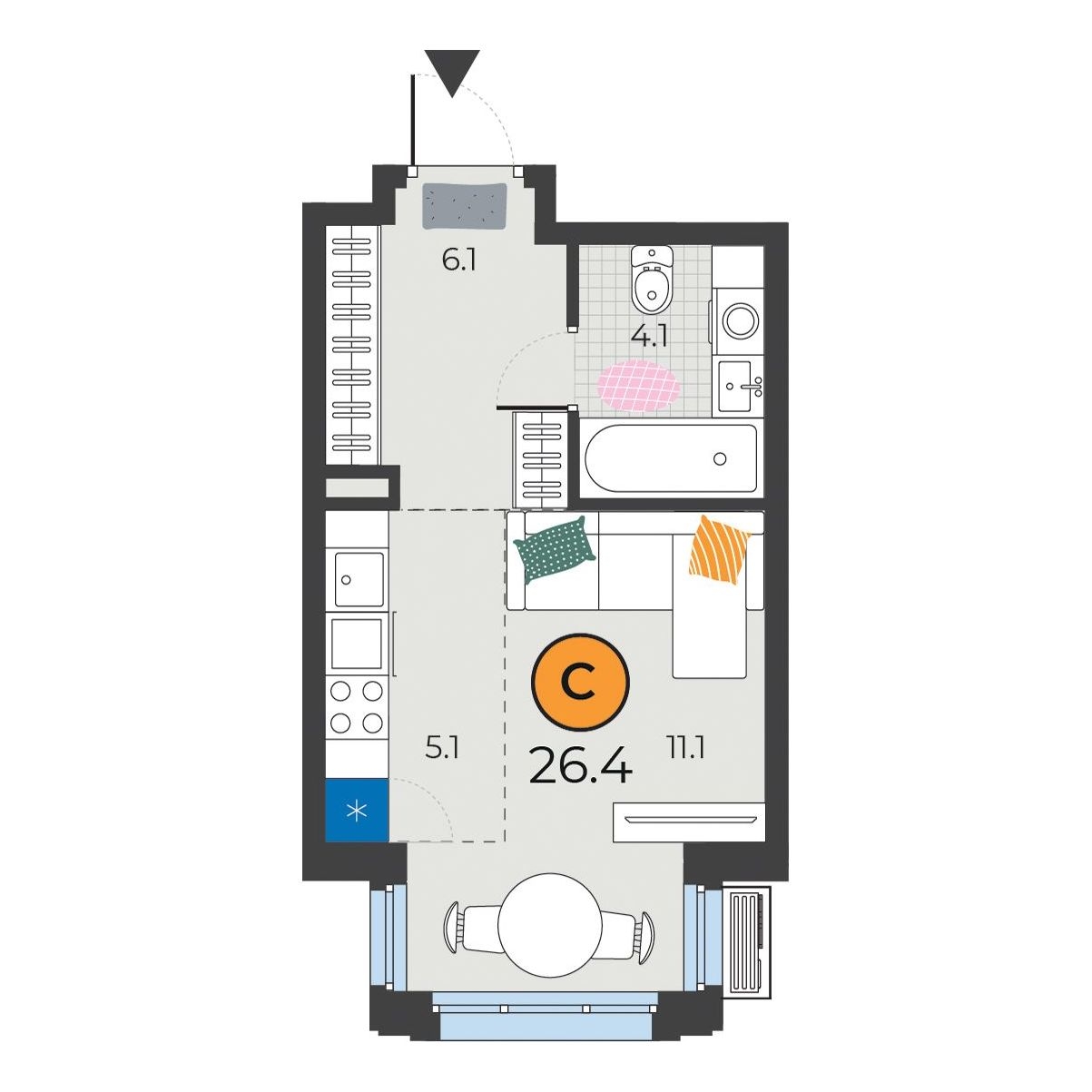 Планировка: Студия 26.4 м² в ЖК Корней, Южный