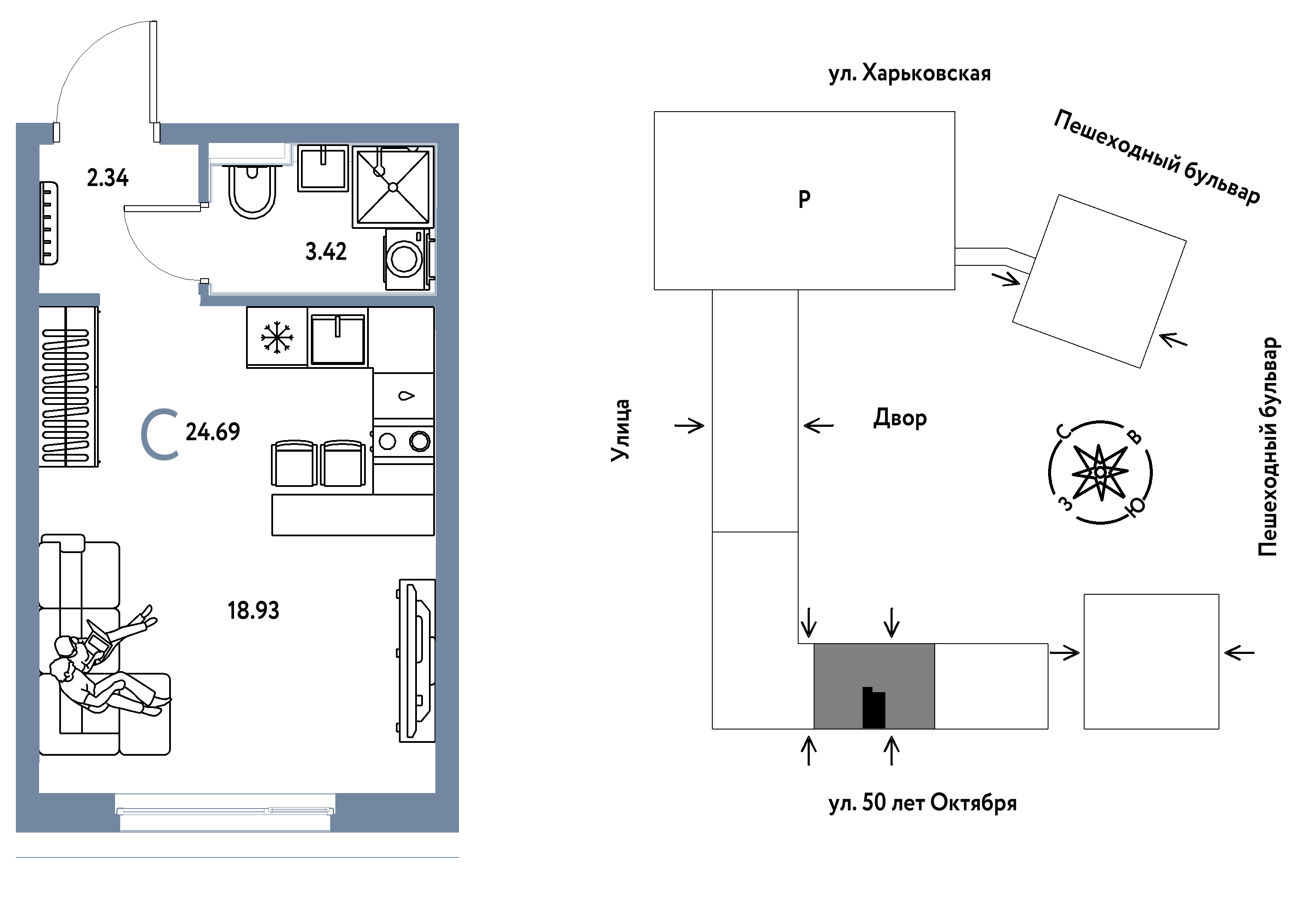 Планировка: Студия 24.7 м² в ЖК Сердце Сибири, Центр: КПД