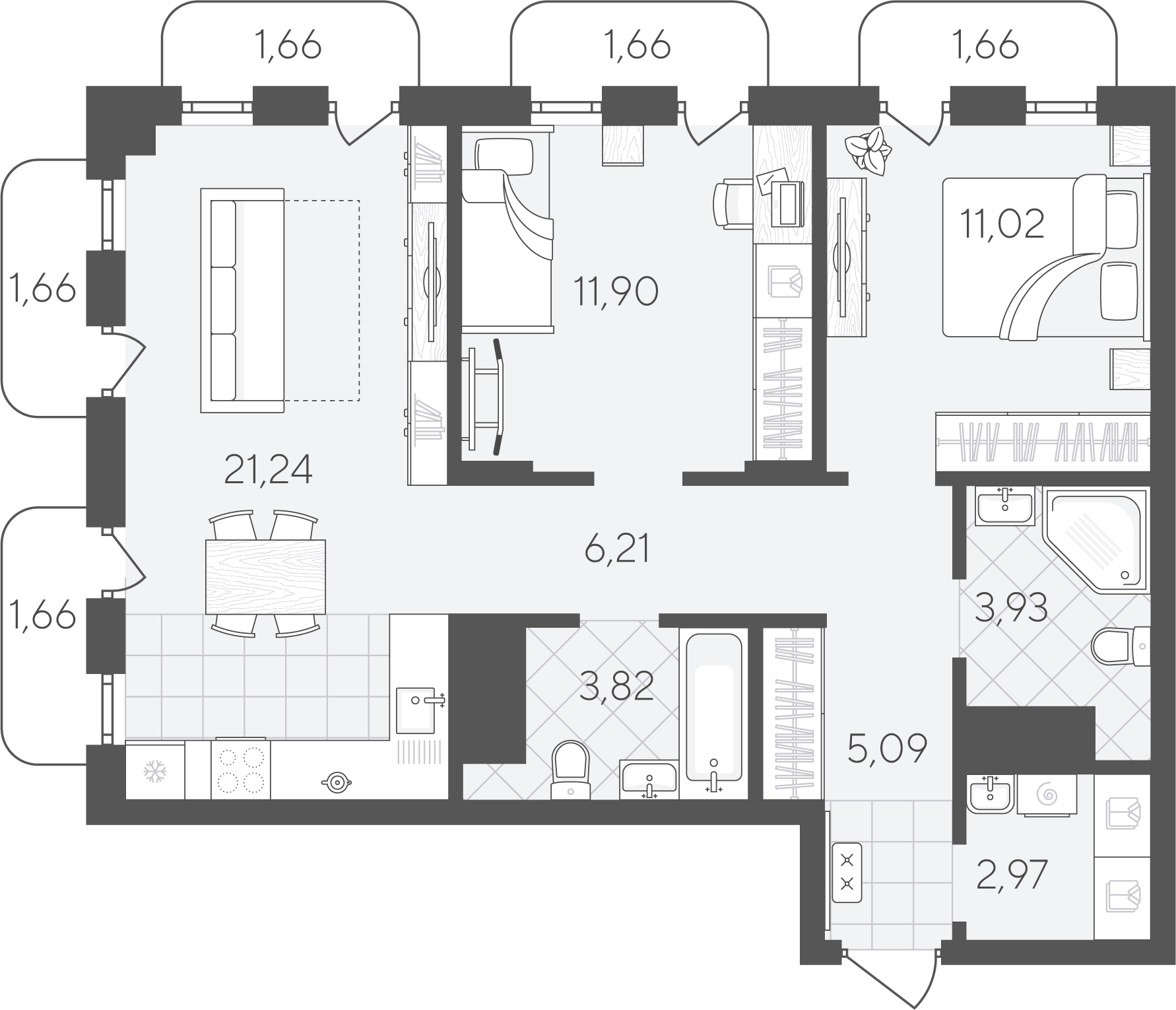 Планировка: Евротрешка 74.5 м² в ЖК Скандиа. Квартал в Слободе, Тюменская слобода