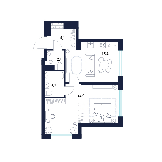 Планировка: Евродвушка 49.2 м² в ЖК AIRIS, Комарово Парк
