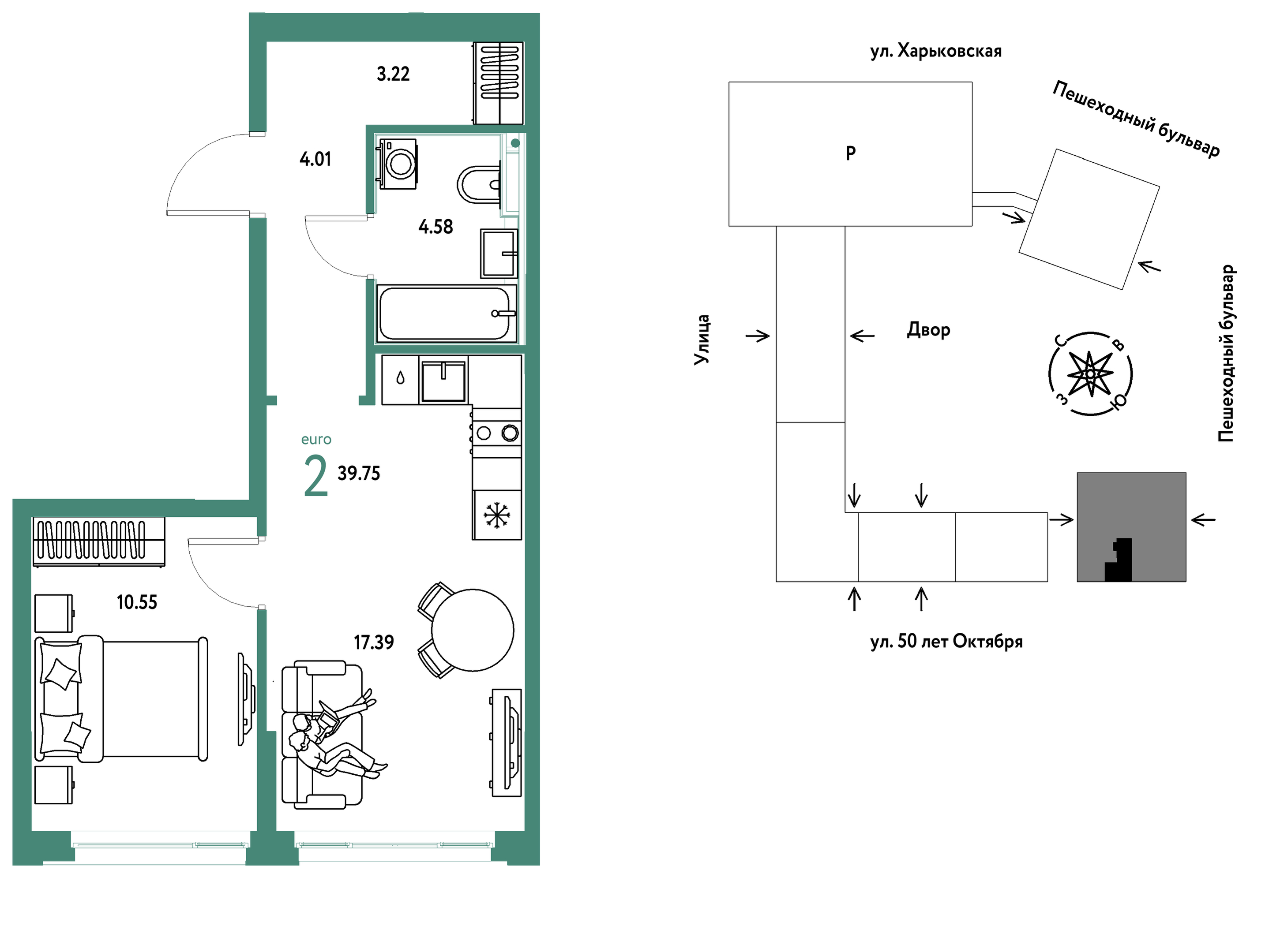 Планировка: Евродвушка 39.8 м² в ЖК Сердце Сибири, Центр: КПД