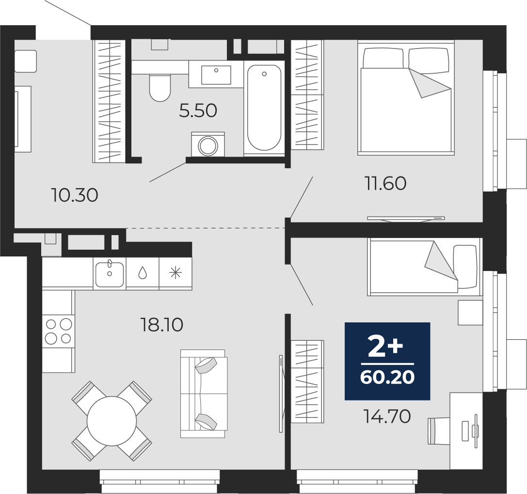 Планировка: Евротрешка 60.2 м² в ЖК Айвазовский, 5-й Заречный