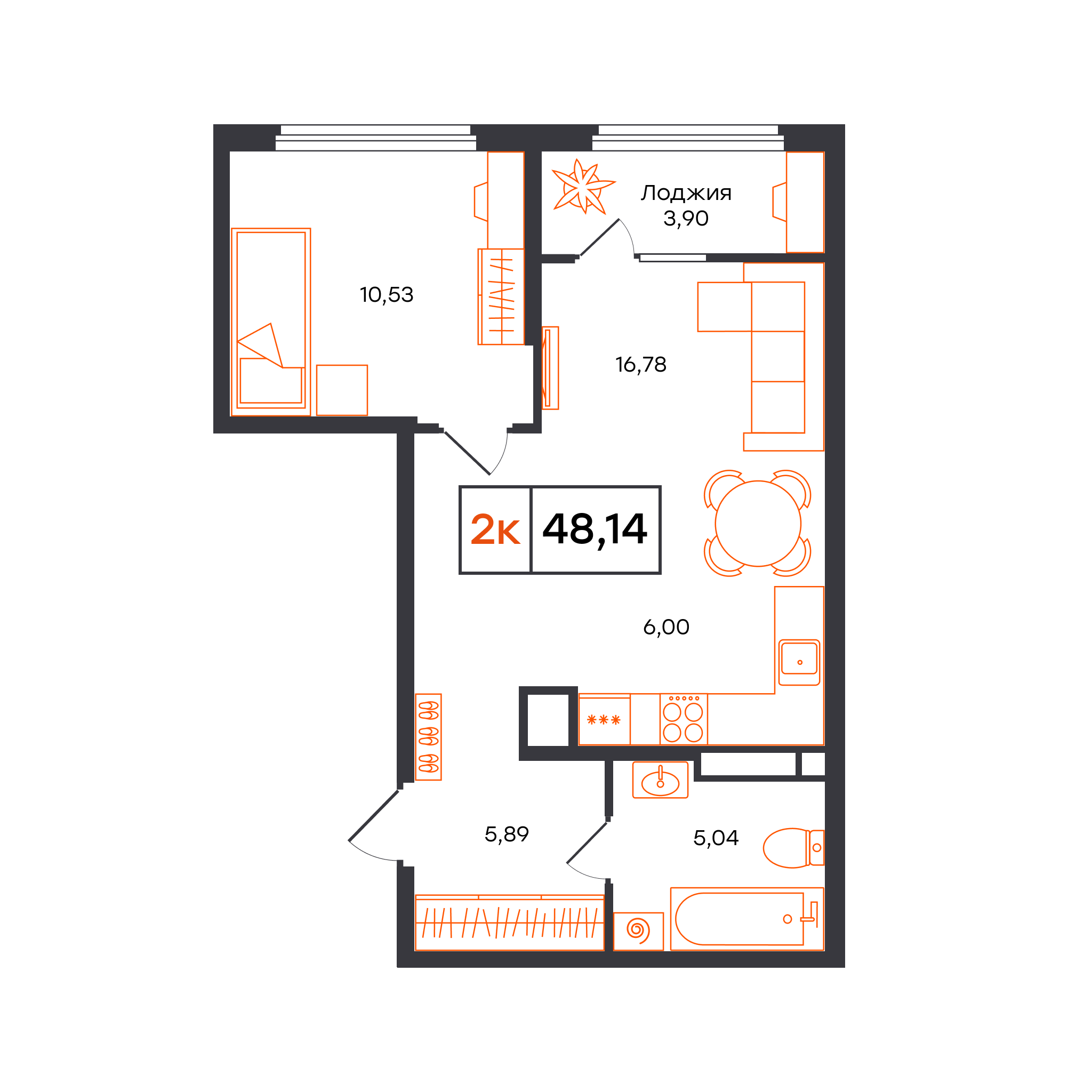 Планировка: Евродвушка 48.1 м² в ЖК Отличие, Комарово Парк