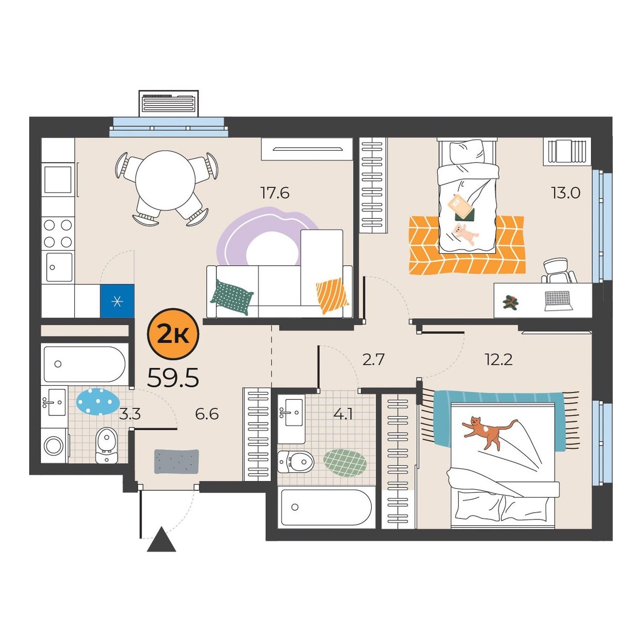 Планировка: Евротрешка 59.5 м² в ЖК Корней, Южный