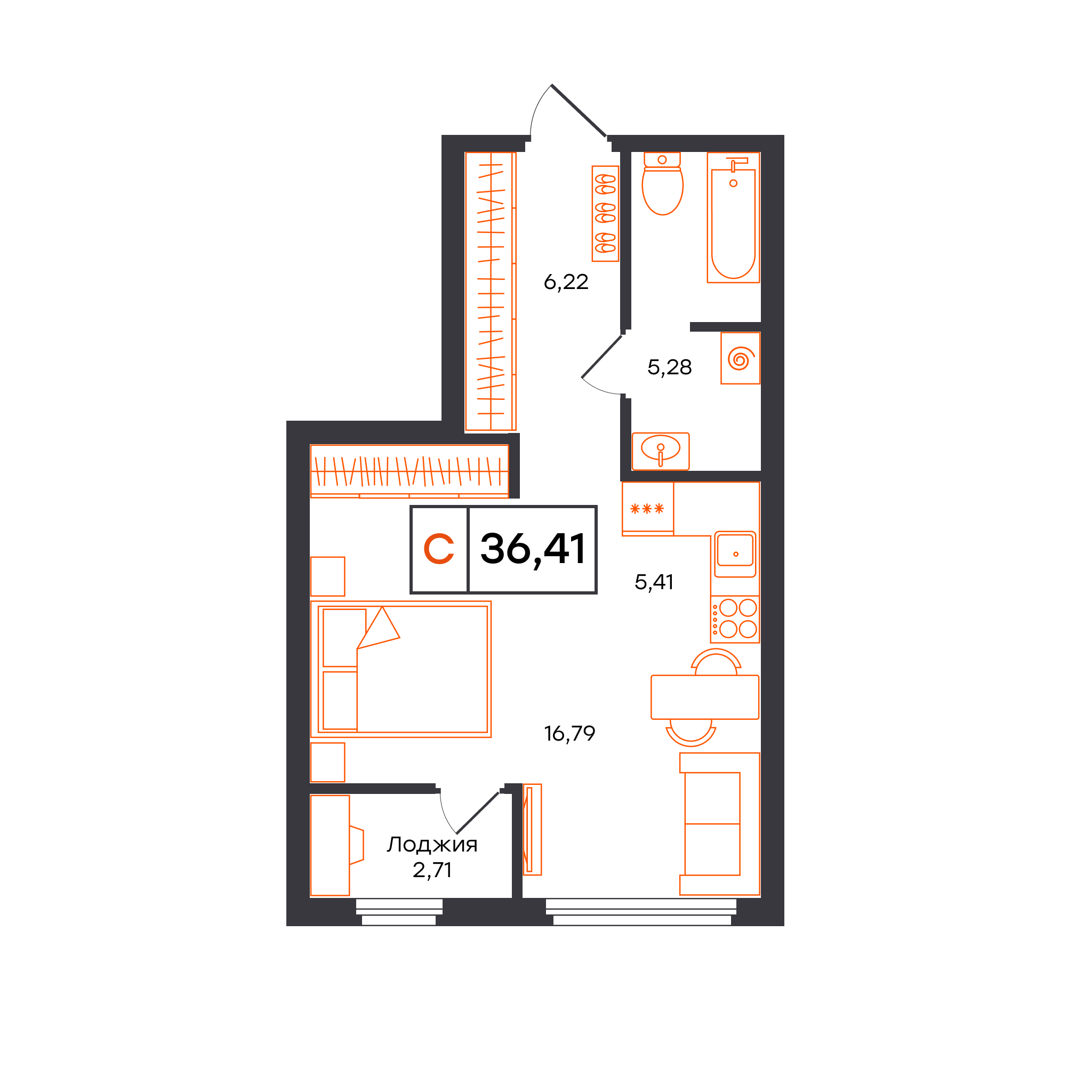 Планировка: Студия 36.4 м² в ЖК Отличие, Комарово Парк