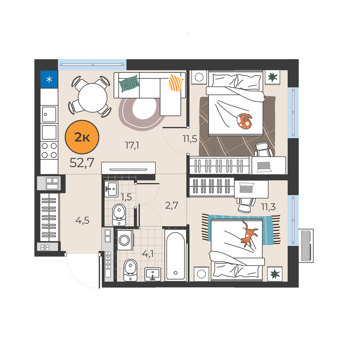 Планировка: Евротрешка 52.7 м² в ЖК Корней, Южный