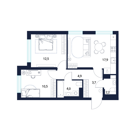 Планировка: Евротрешка 55.7 м² в ЖК AIRIS, Комарово Парк