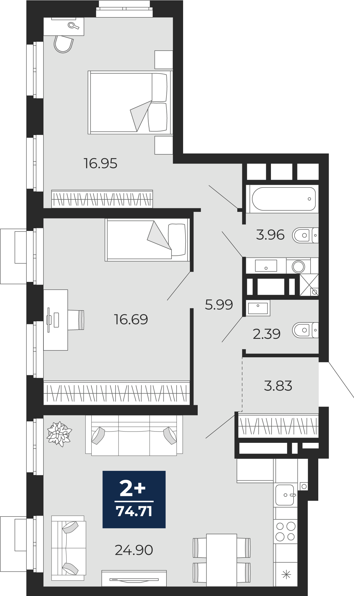 Планировка: Евротрешка 74.7 м² в ЖК Айвазовский, 5-й Заречный