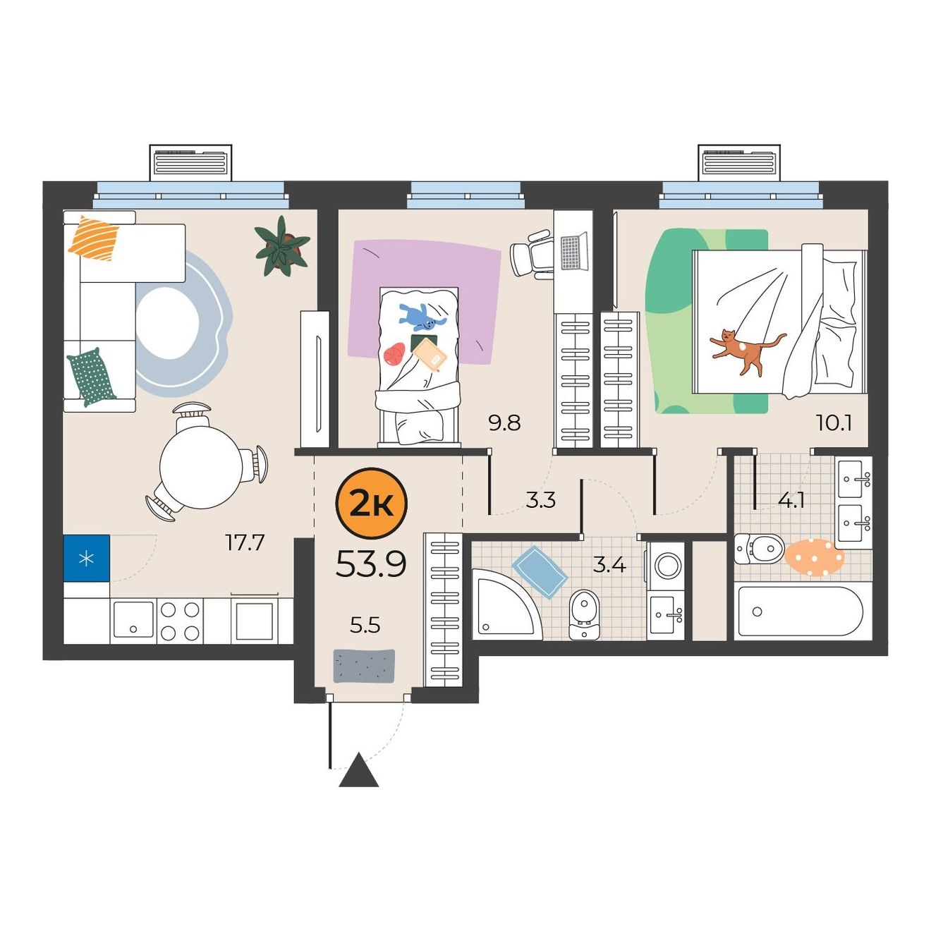 Планировка: Евротрешка 53.9 м² в ЖК Корней, Южный