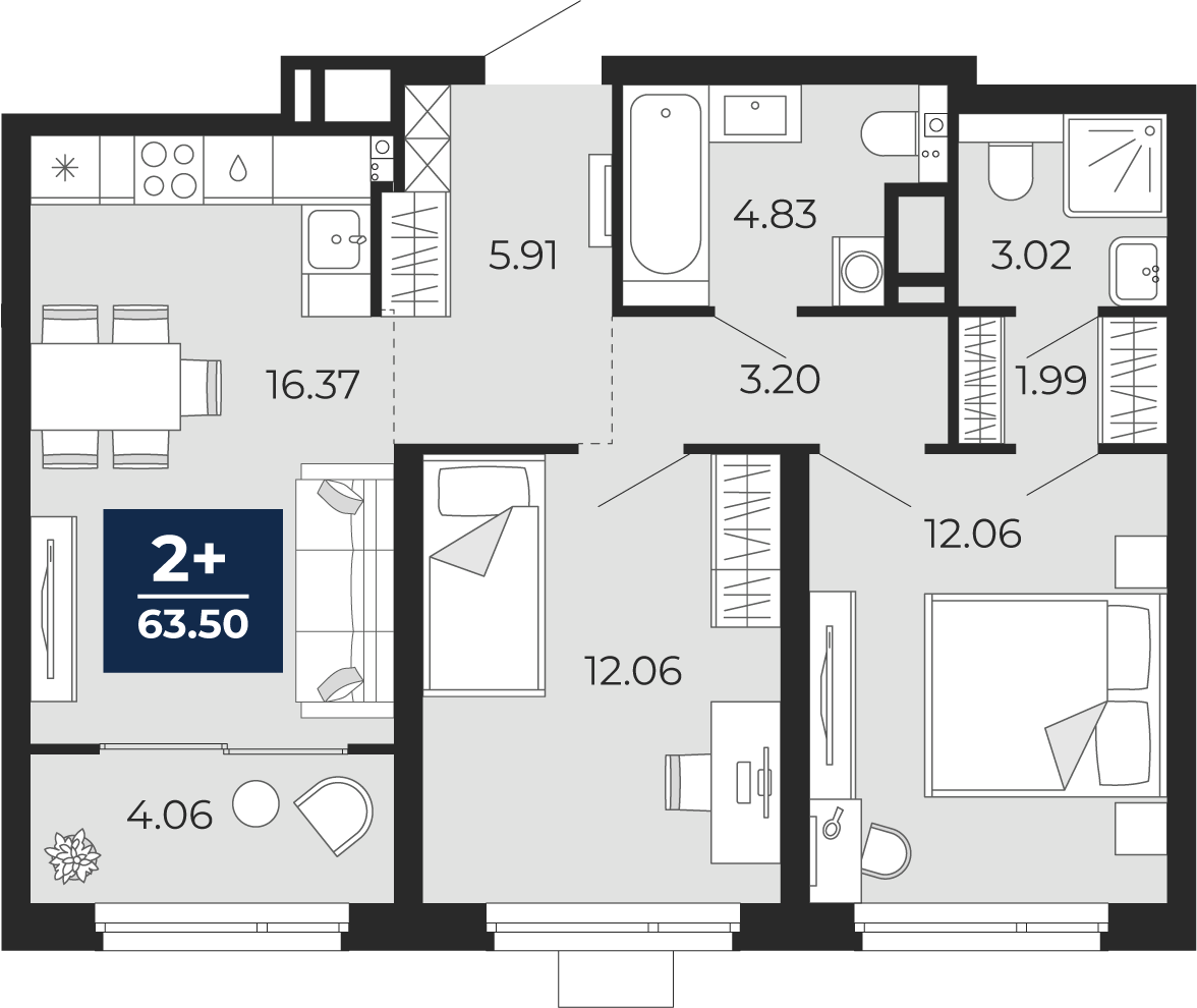 Планировка: Евротрешка 59.4 м² в ЖК Прео, Тюменская слобода