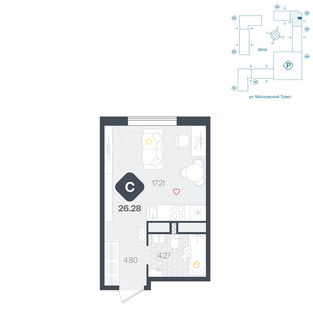 Планировка: Студия 26.3 м² в ЖК Сибирский, Московский тракт