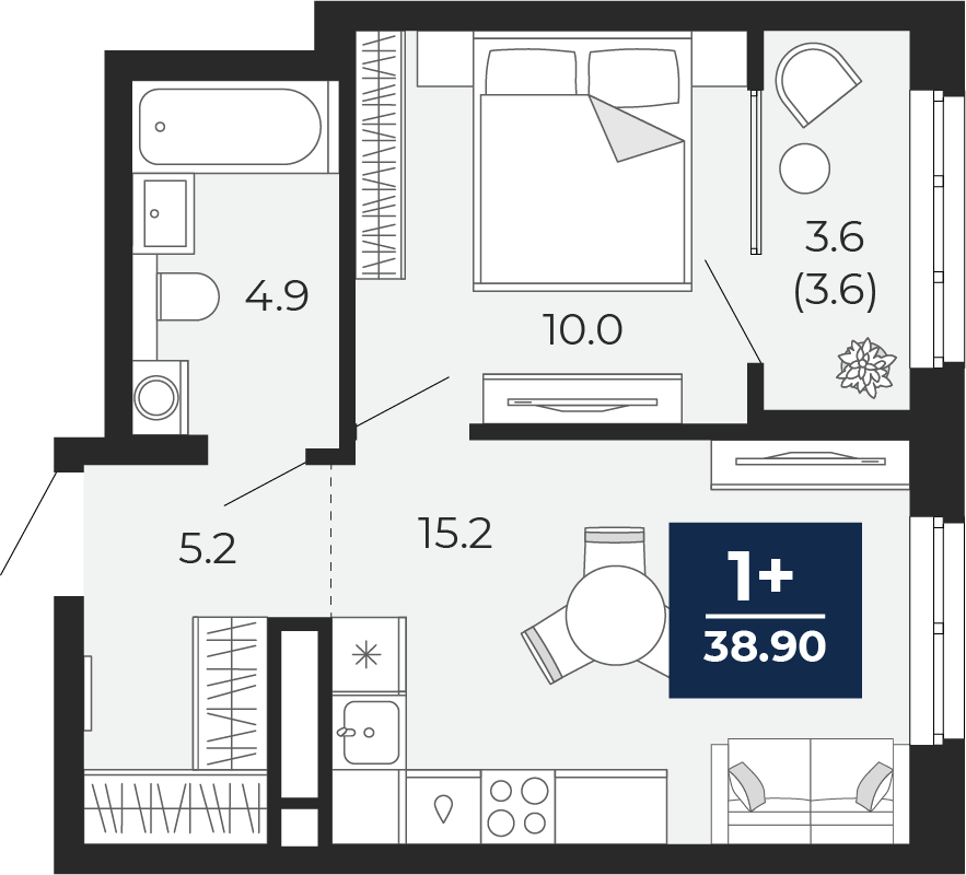 Планировка: Евродвушка 38.9 м² в ЖК Мириады, Мыс
