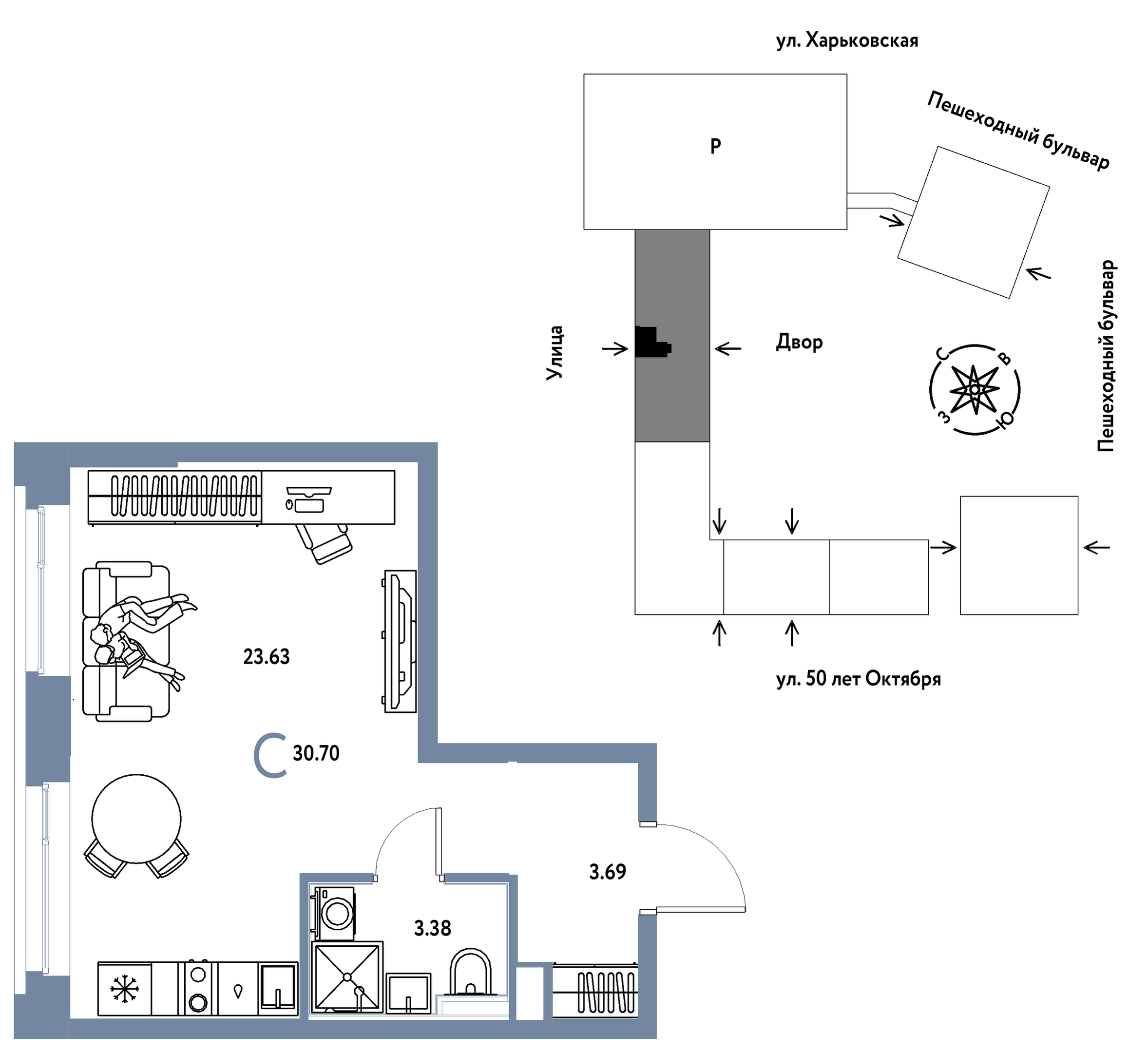 Планировка: Студия 30.7 м² в ЖК Сердце Сибири, Центр: КПД