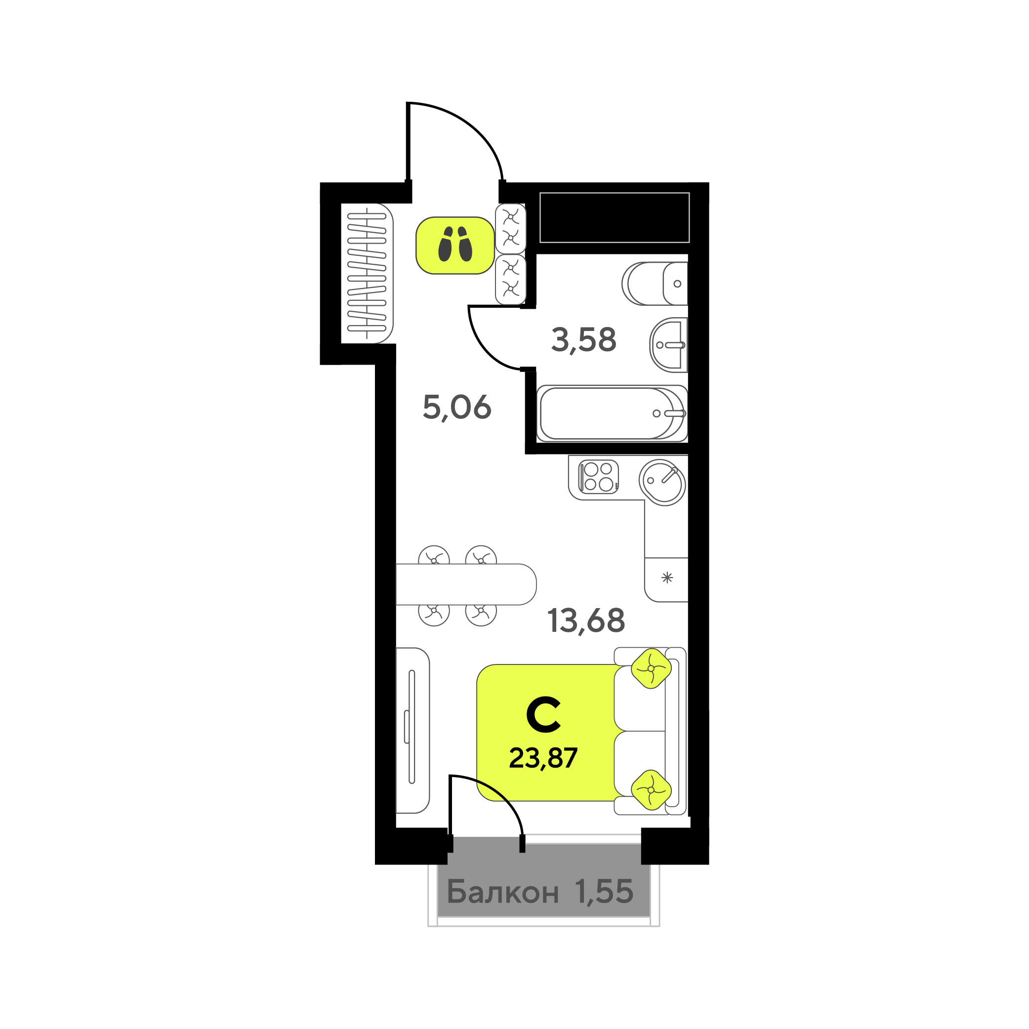Планировка: Студия 23.9 м² в ЖК Мотивы, От Плеханова до Южного