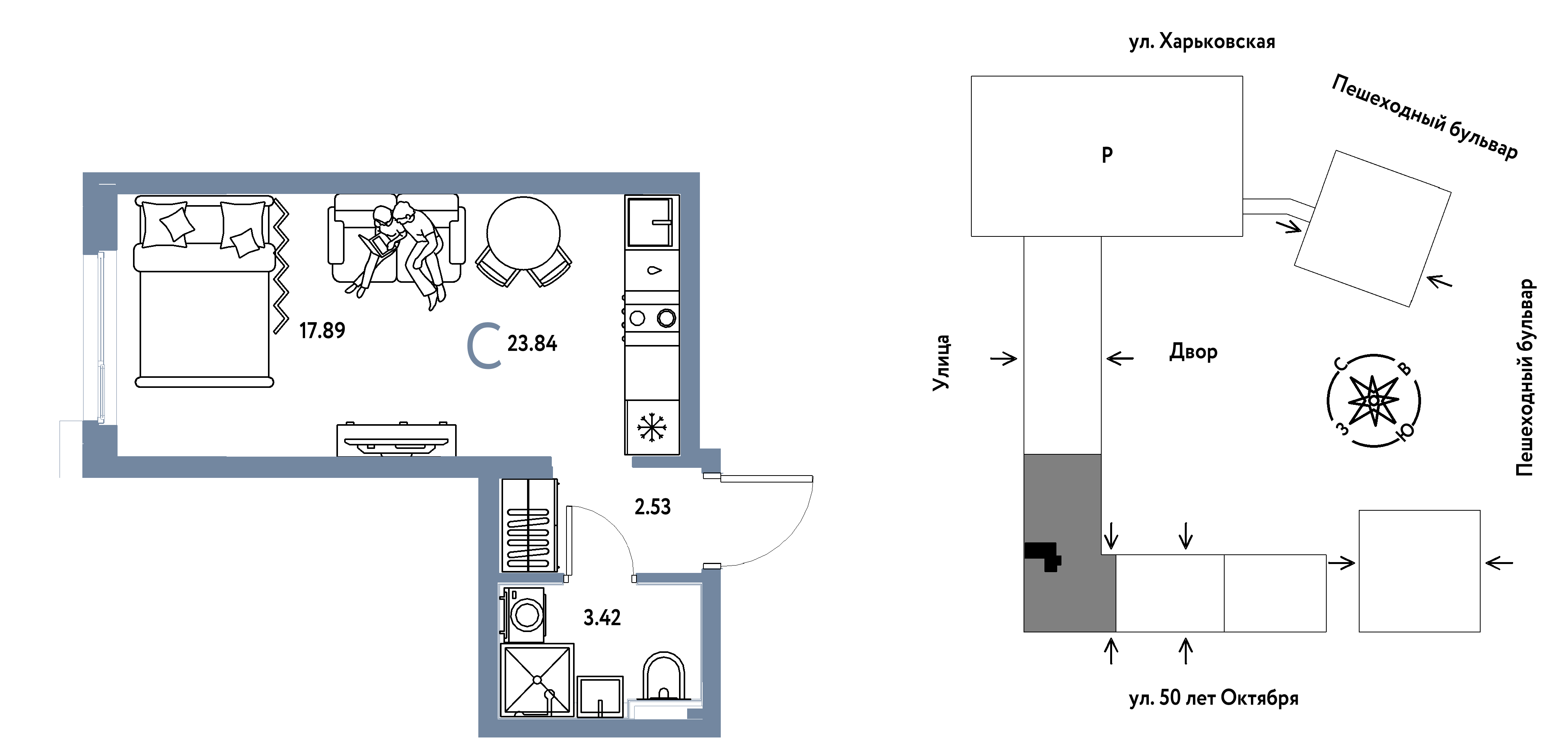 Планировка: Студия 23.8 м² в ЖК Сердце Сибири, Центр: КПД