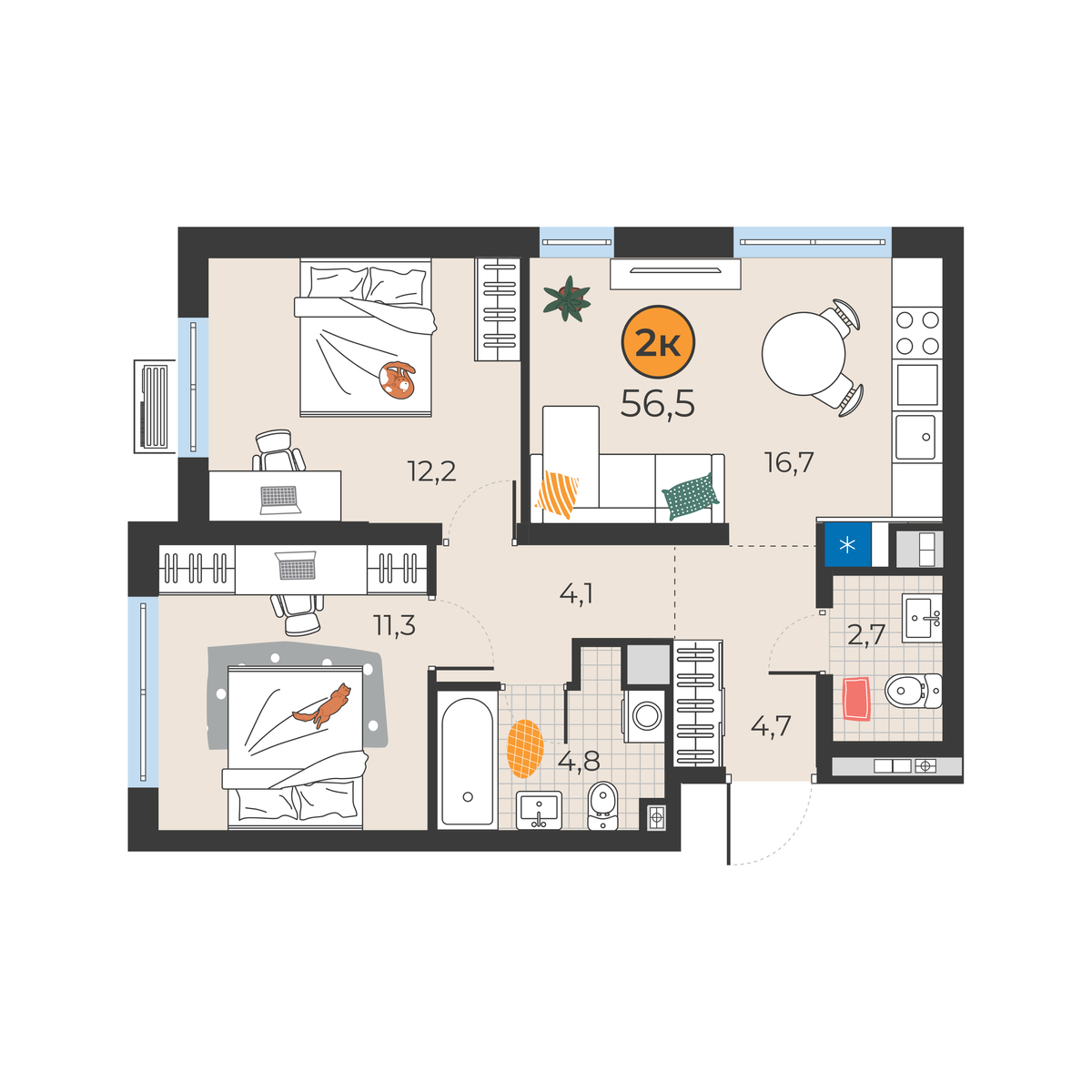 Планировка: Евротрешка 56.5 м² в ЖК Корней, Южный