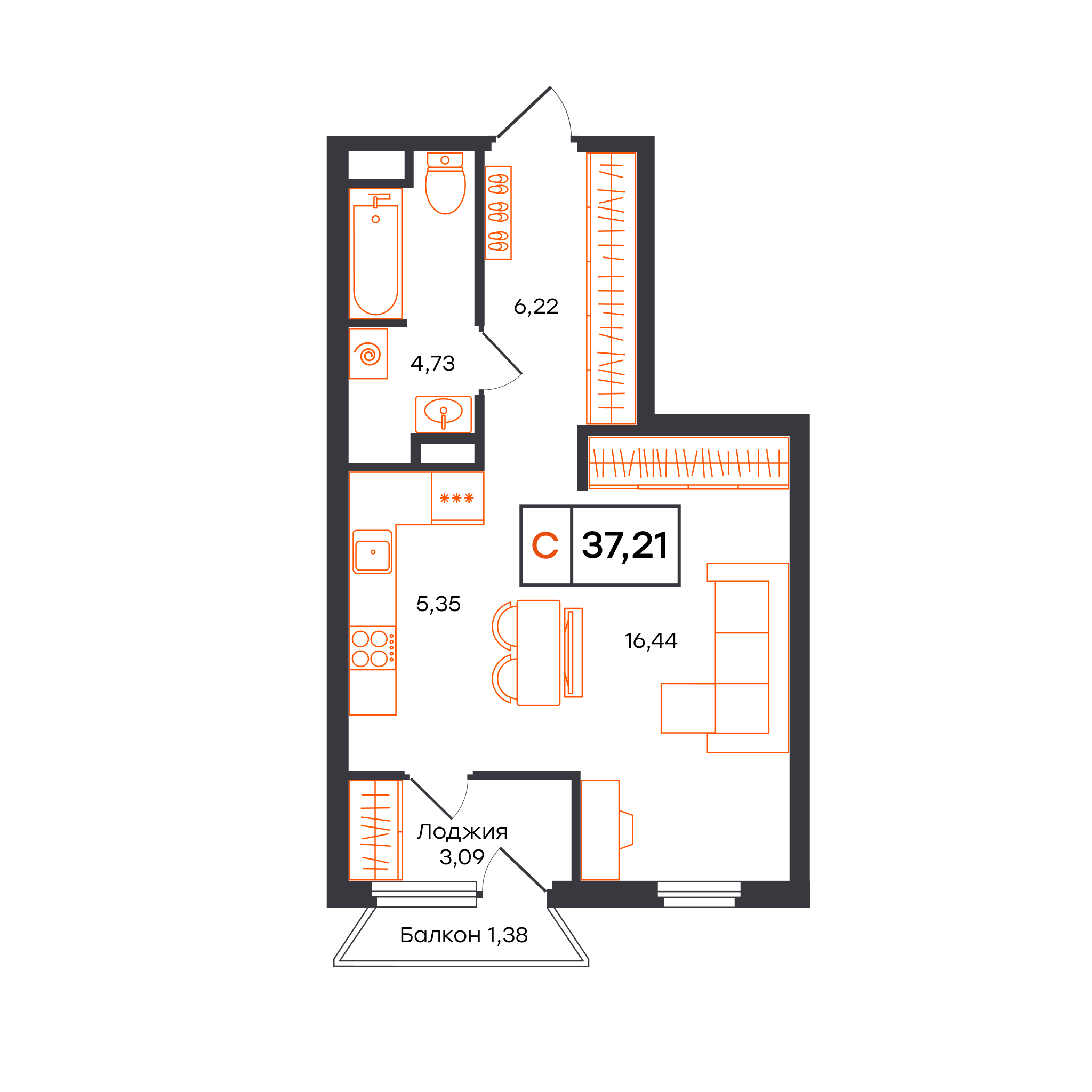Планировка: Студия 37.2 м² в ЖК Отличие, Комарово Парк