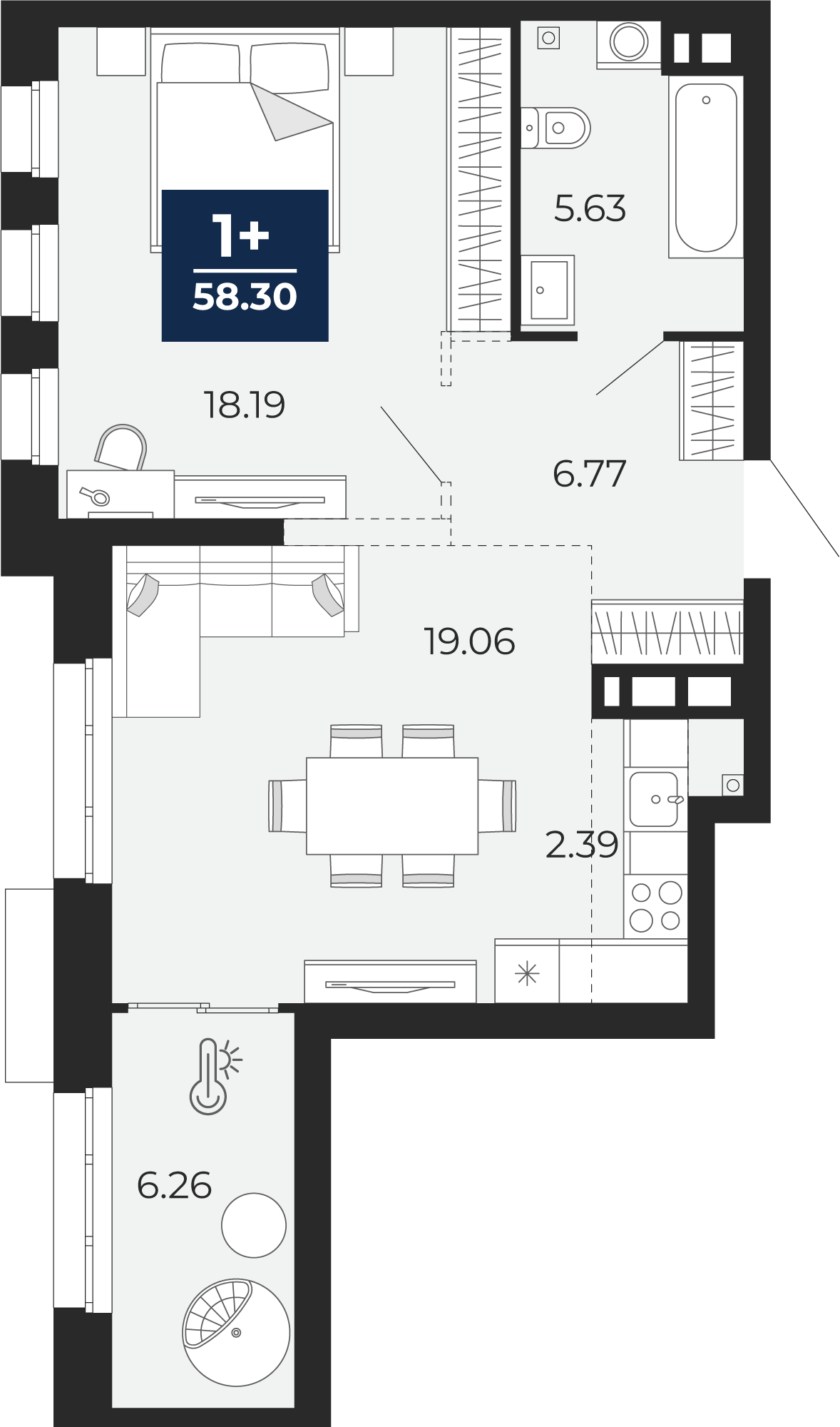 Планировка: Евродвушка 58.3 м² в ЖК Айвазовский, 5-й Заречный