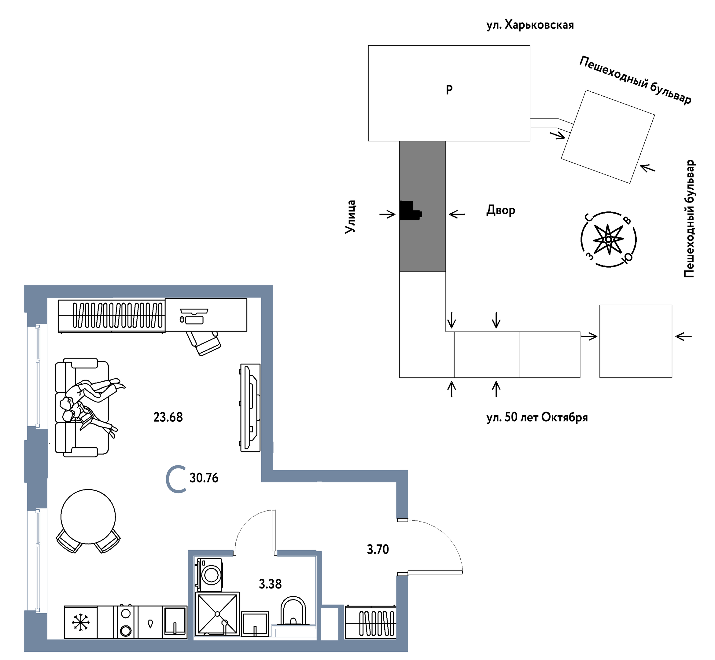 Планировка: Студия 30.8 м² в ЖК Сердце Сибири, Центр: КПД