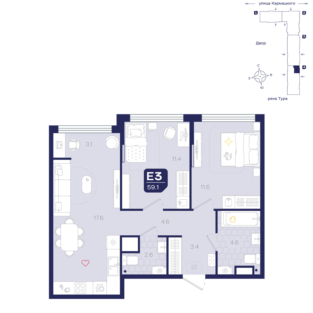 Планировка: Евротрешка 59.1 м² в ЖК Космо, 5-й Заречный