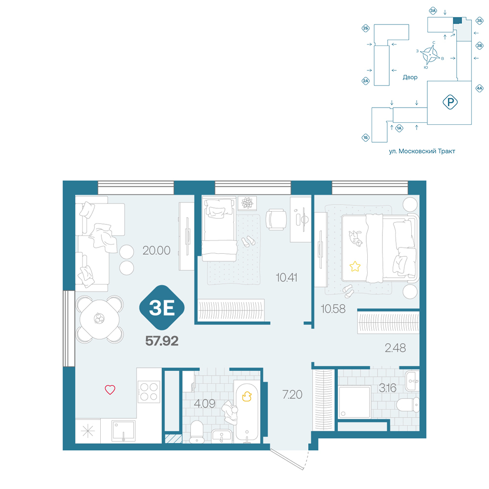 Планировка: Евротрешка 57.9 м² в ЖК Сибирский, Московский тракт