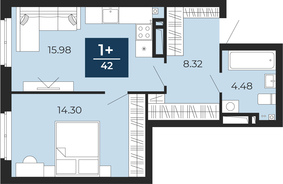 Планировка: Евродвушка 43.1 м² в ЖК Прео, Тюменская слобода