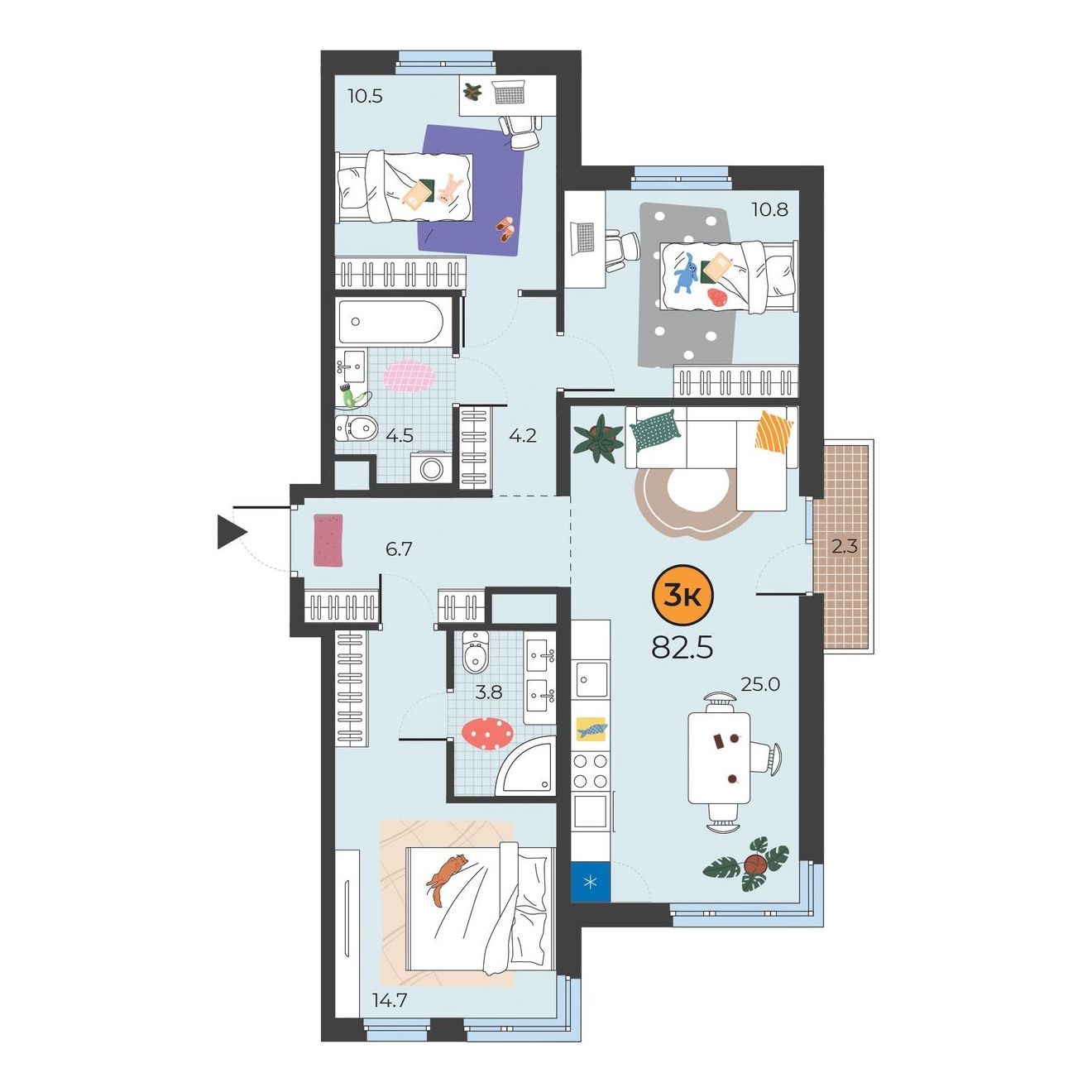 Планировка: 4-комнатная евро 81.4 м² в ЖК Корней, Южный