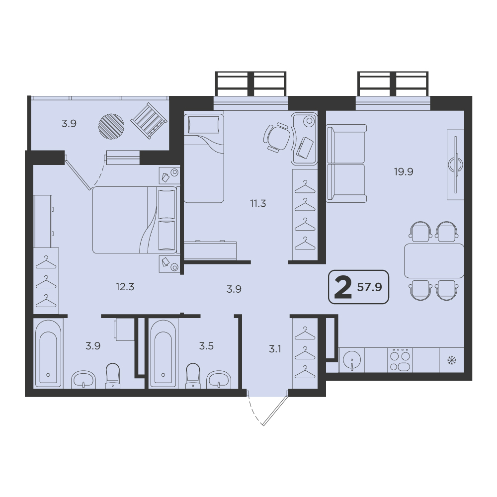 Планировка: Евротрешка 57.9 м² в ЖК Симфония, Центр: Студгородок